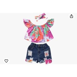 Ripped Denim Shorts & Floral Tank Top Outfit Set for girls (Size 4T)